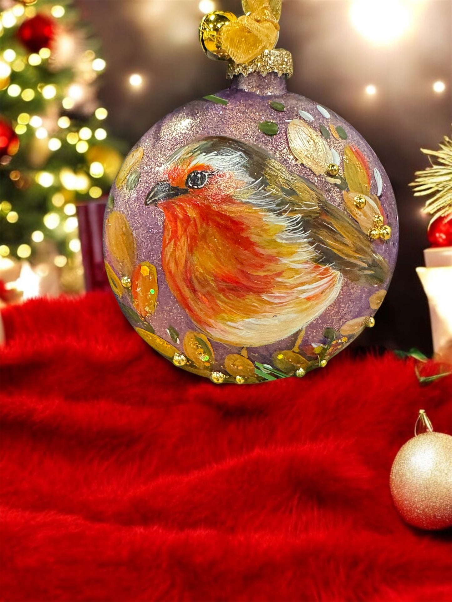 Robin handpaint glass ornament ( purple)
