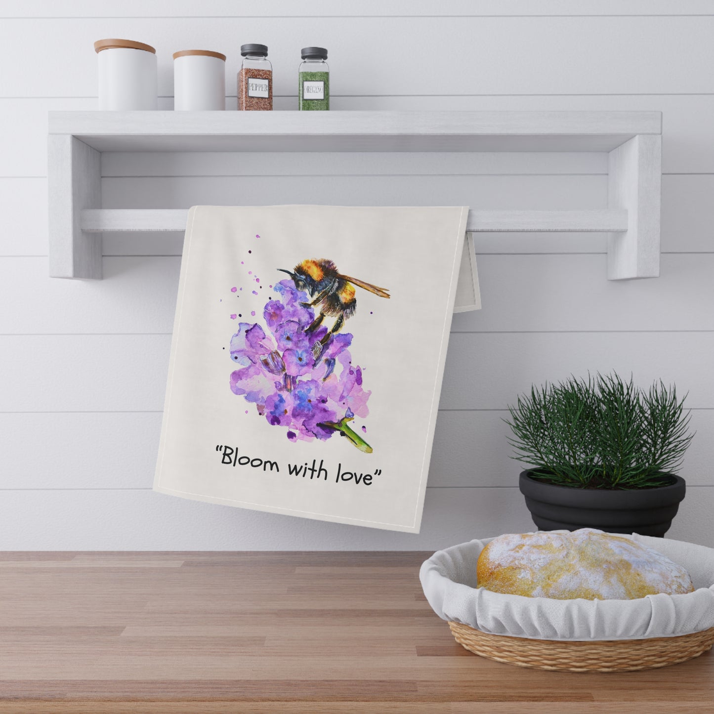 Kitchen Tea Towel - Bee Lavender Watercolor " Bloom with love"