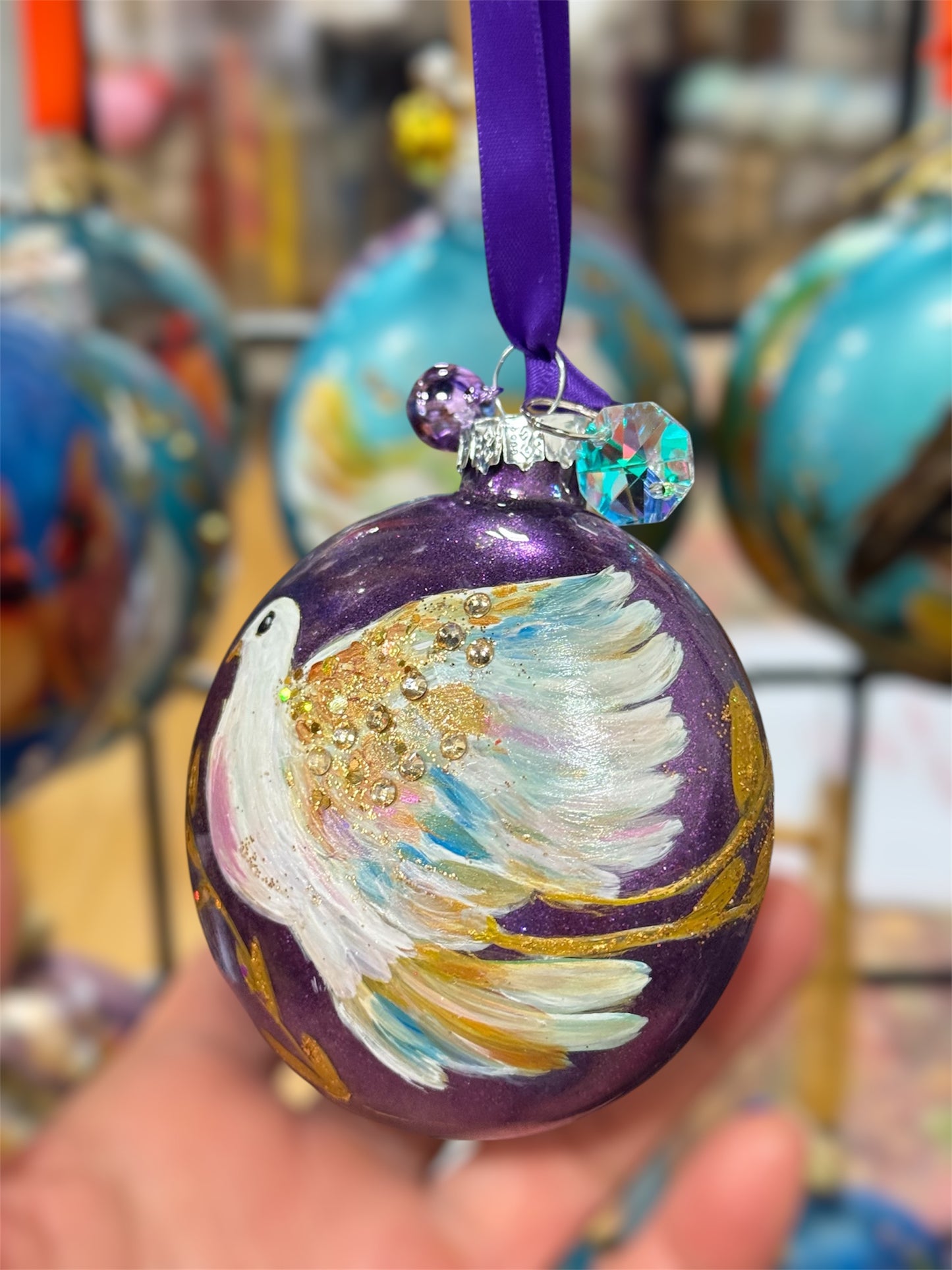 White dove sparkling glass ornament