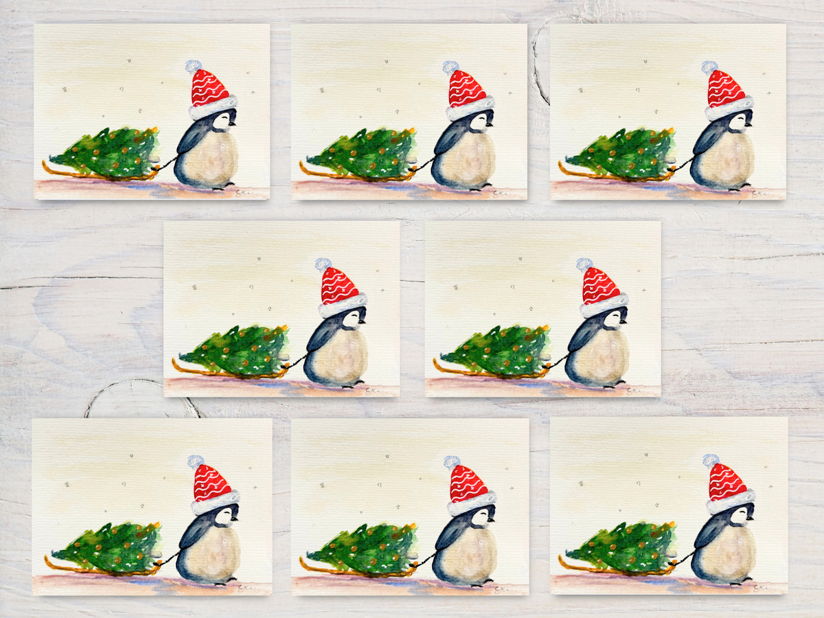 Watercolor Penguin Christmas Card - Holiday Greeting