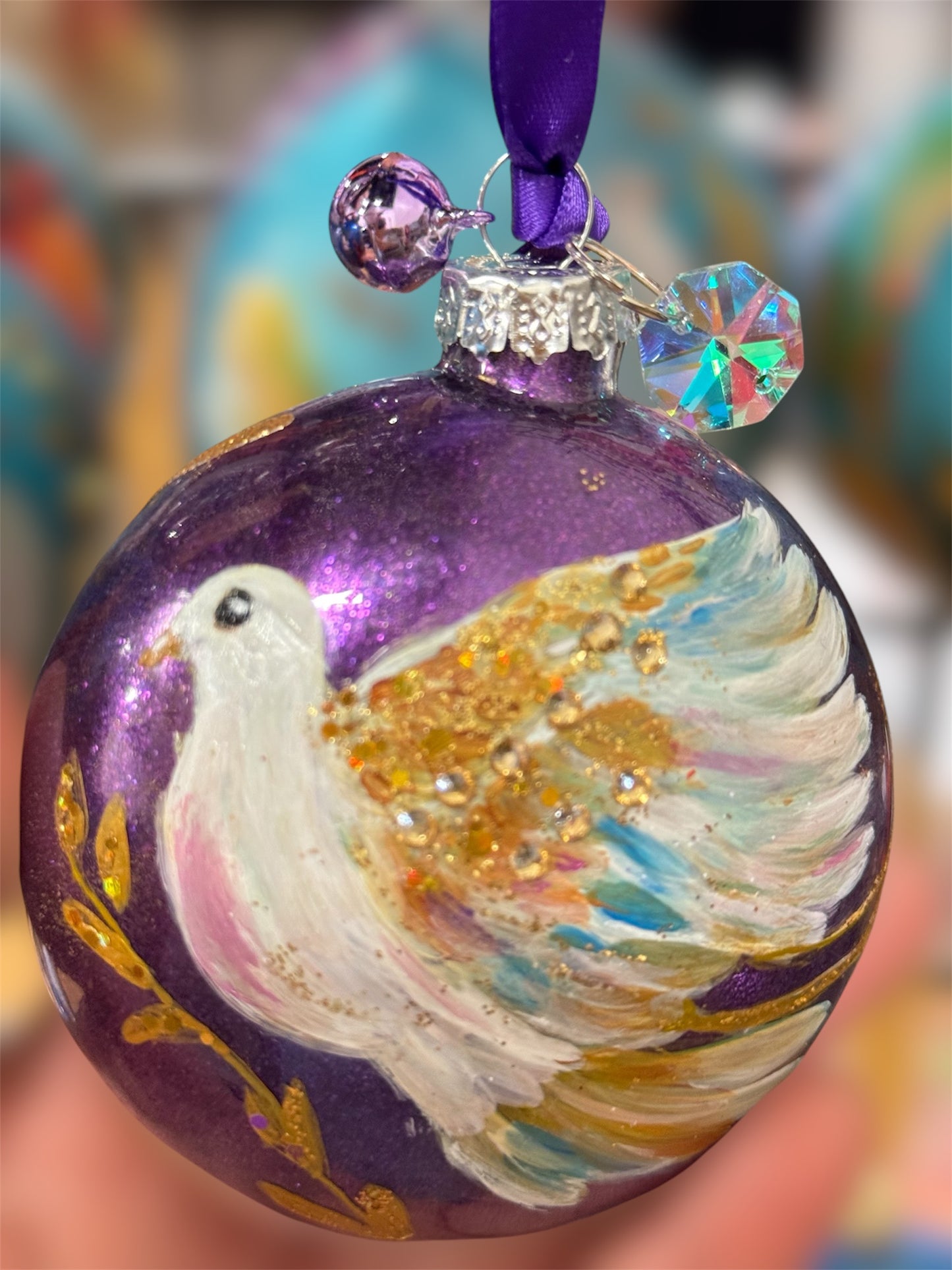White dove sparkling glass ornament