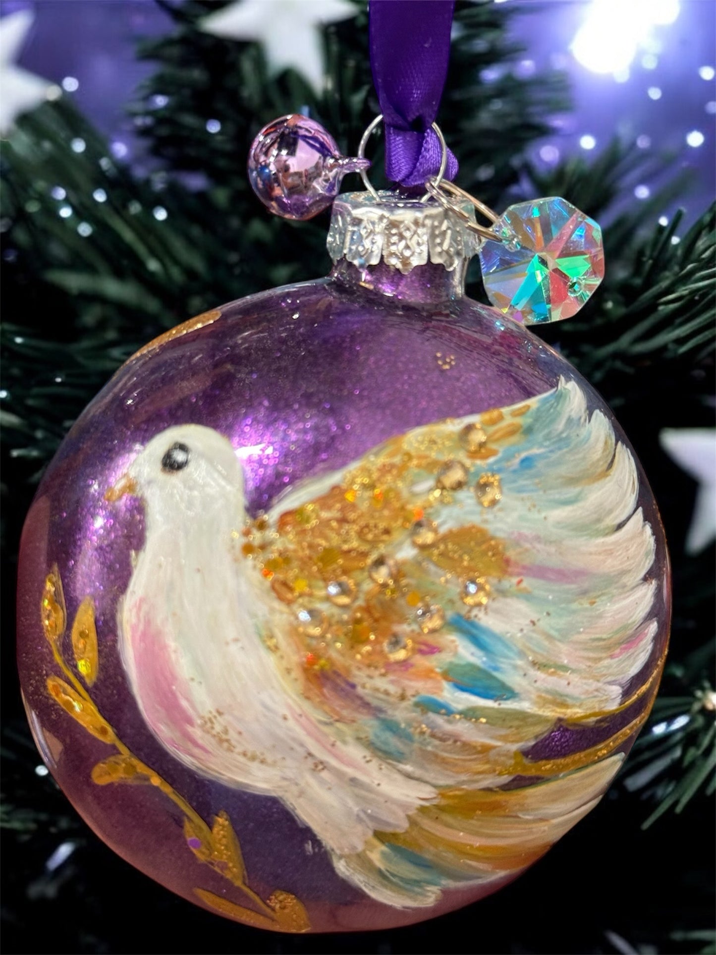 White dove sparkling glass ornament