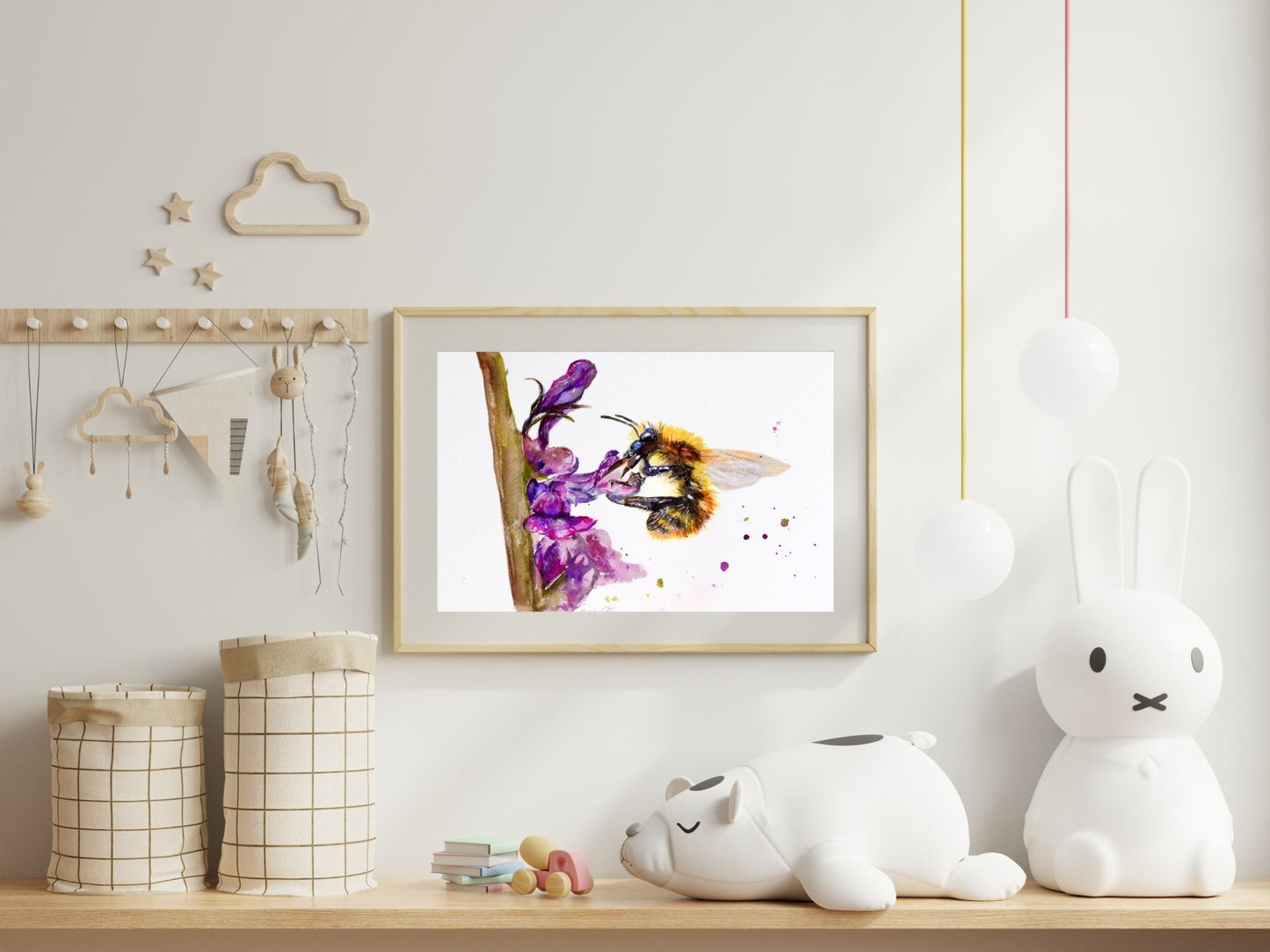 Bee and Purple Flowers Original watercolor ART - Yuiart