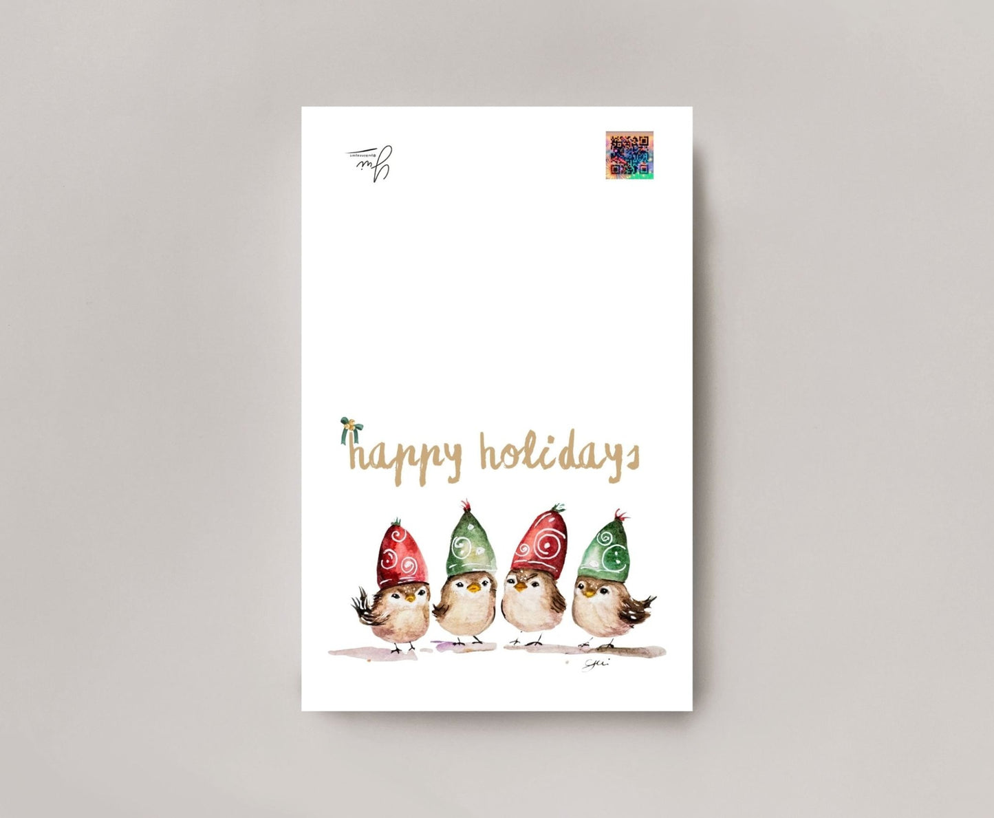 Merry Christmas Birds Holiday Card - Watercolor Greeting Card with Envelope - Yuiart