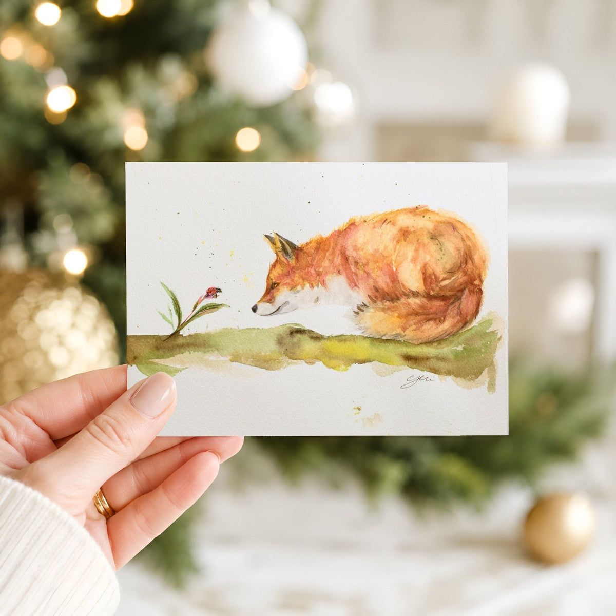 Red Fox Holiday Greeting Card | Hand-Painted Watercolor | Made in USA - Yuiart
