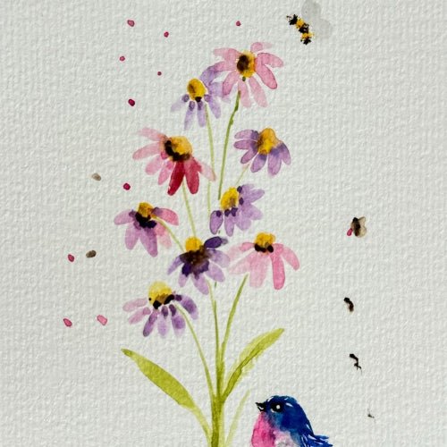 Wildflowers & Blue Birds in Shower Watering Plants Note Card - Yuiart