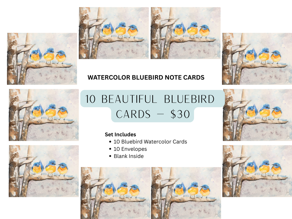 Promotional graphic for a set of 10 watercolor bluebird note cards. The design features multiple small watercolor illustrations of bluebirds on branches around a central text panel that reads 'WATERCOLOR BLUEBIRD NOTE CARDS', '10 BEAUTIFUL BLUEBIRD CARDS - $30', and a list of included items: 10 bluebird watercolor cards, 10 envelopes, and blank inside.