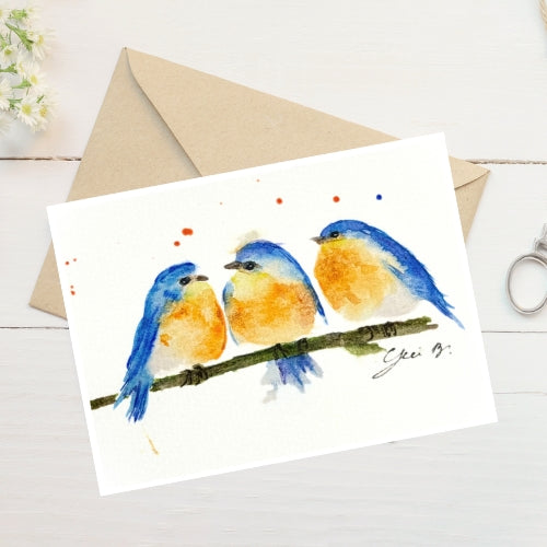 Triple Blue Bird Note Card