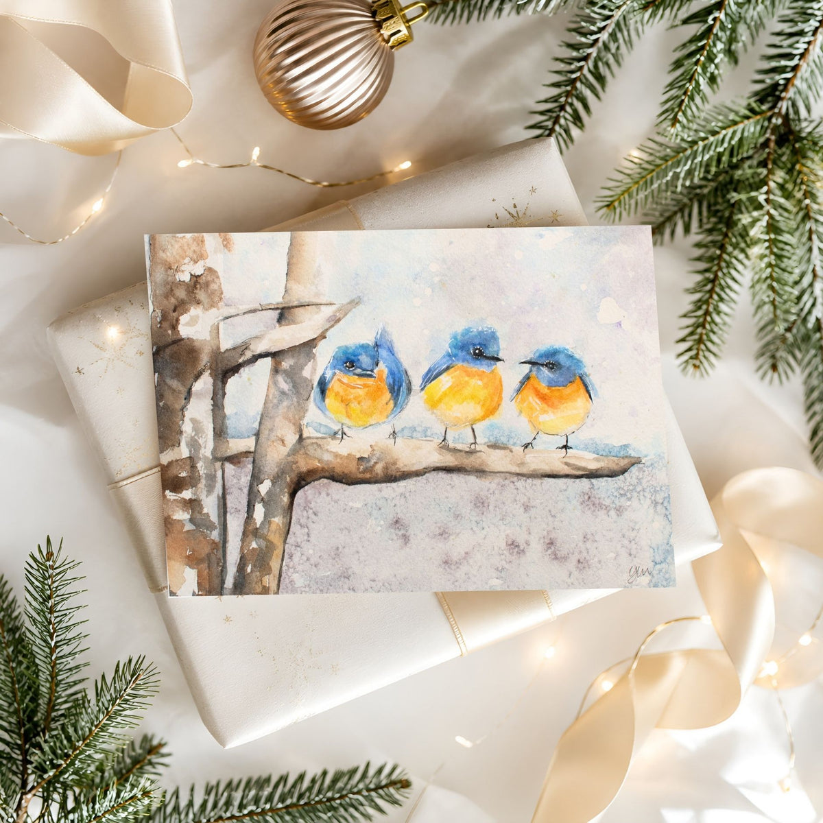 Bluebirds in Snow Watercolor Holiday Card
