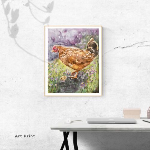 Farmhouse Chicken Wall Art – Hen and Baby Chicks Watercolor