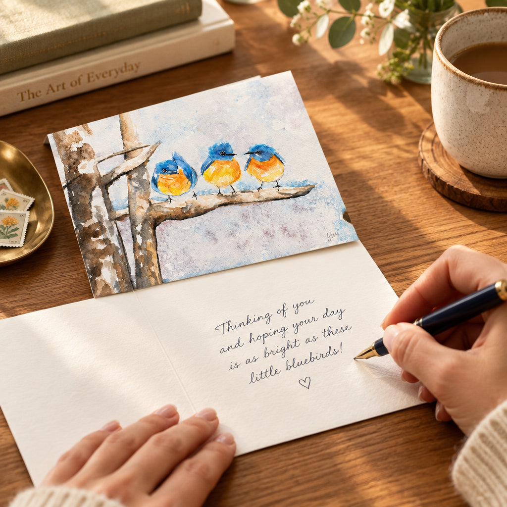 A hand holds a small watercolor art print featuring three bluebirds on a branch, with a blurred Christmas tree and holiday decor in the background.