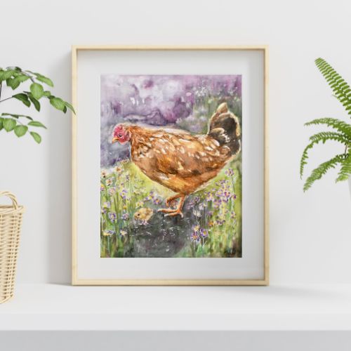 Farmhouse Chicken Wall Art – Hen and Baby Chicks Watercolor