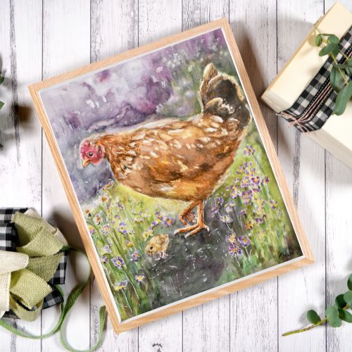 Farmhouse Chicken Wall Art – Hen and Baby Chicks Watercolor