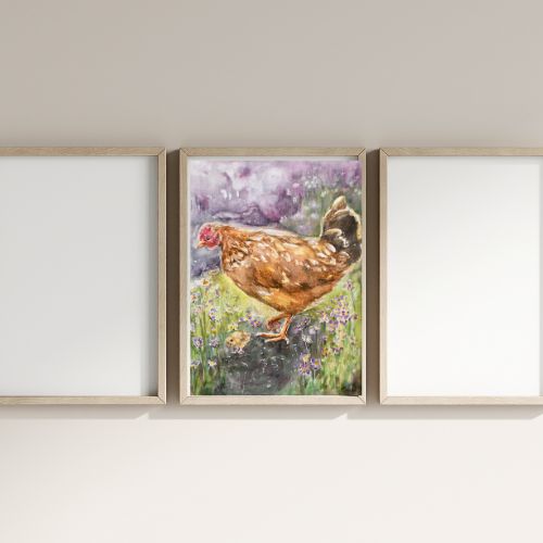 Farmhouse Chicken Wall Art – Hen and Baby Chicks Watercolor