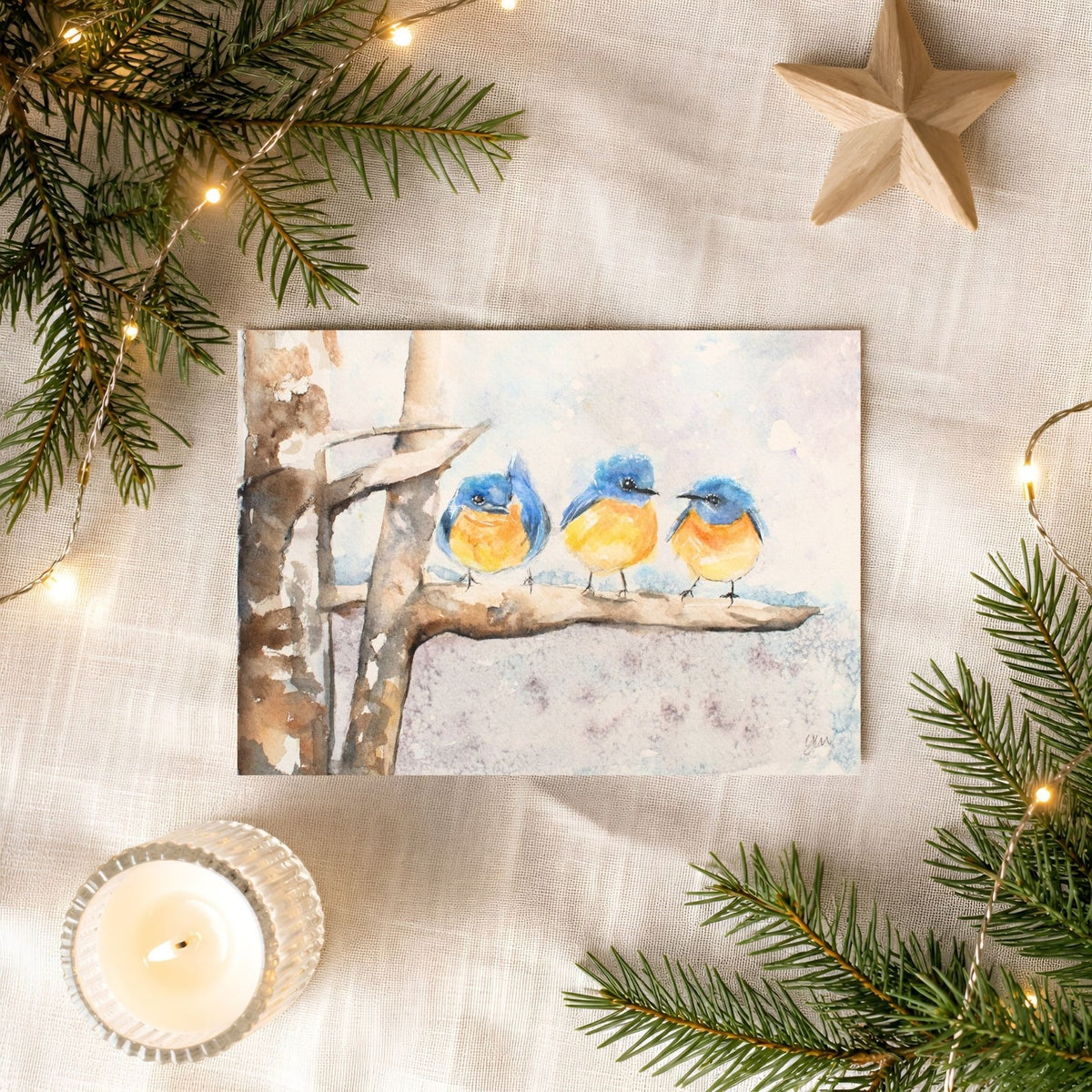 Bluebirds in Snow Watercolor Holiday Card