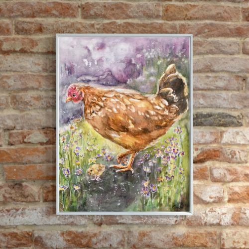 Farmhouse Chicken Wall Art – Hen and Baby Chicks Watercolor