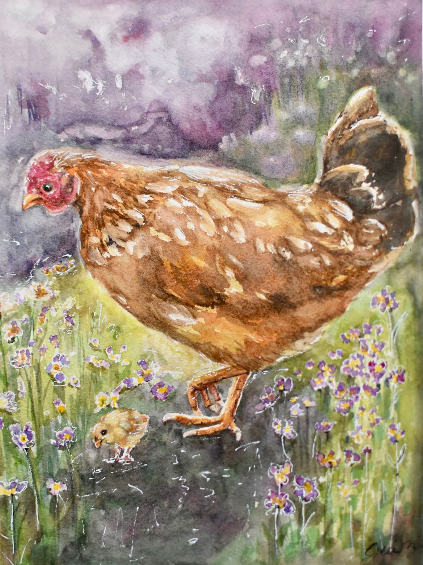 Farmhouse Chicken Wall Art – Hen and Baby Chicks Watercolor