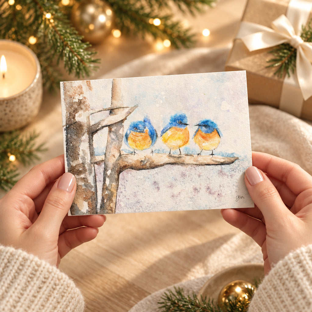 A square art print featuring a watercolor painting of three bluebirds on a branch, styled in a festive flat-lay with Christmas greenery, gold ornaments, and a cream ribbon.