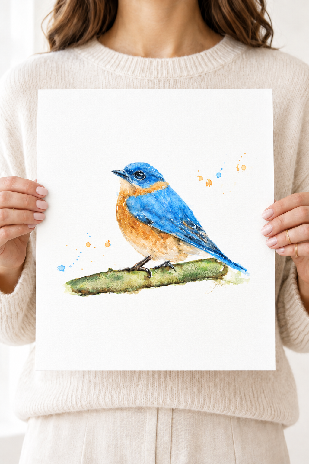 A watercolor painting of a bluebird perched on a green branch, with a blue back, bright orange chest, and white underbelly, on a plain off-white background.