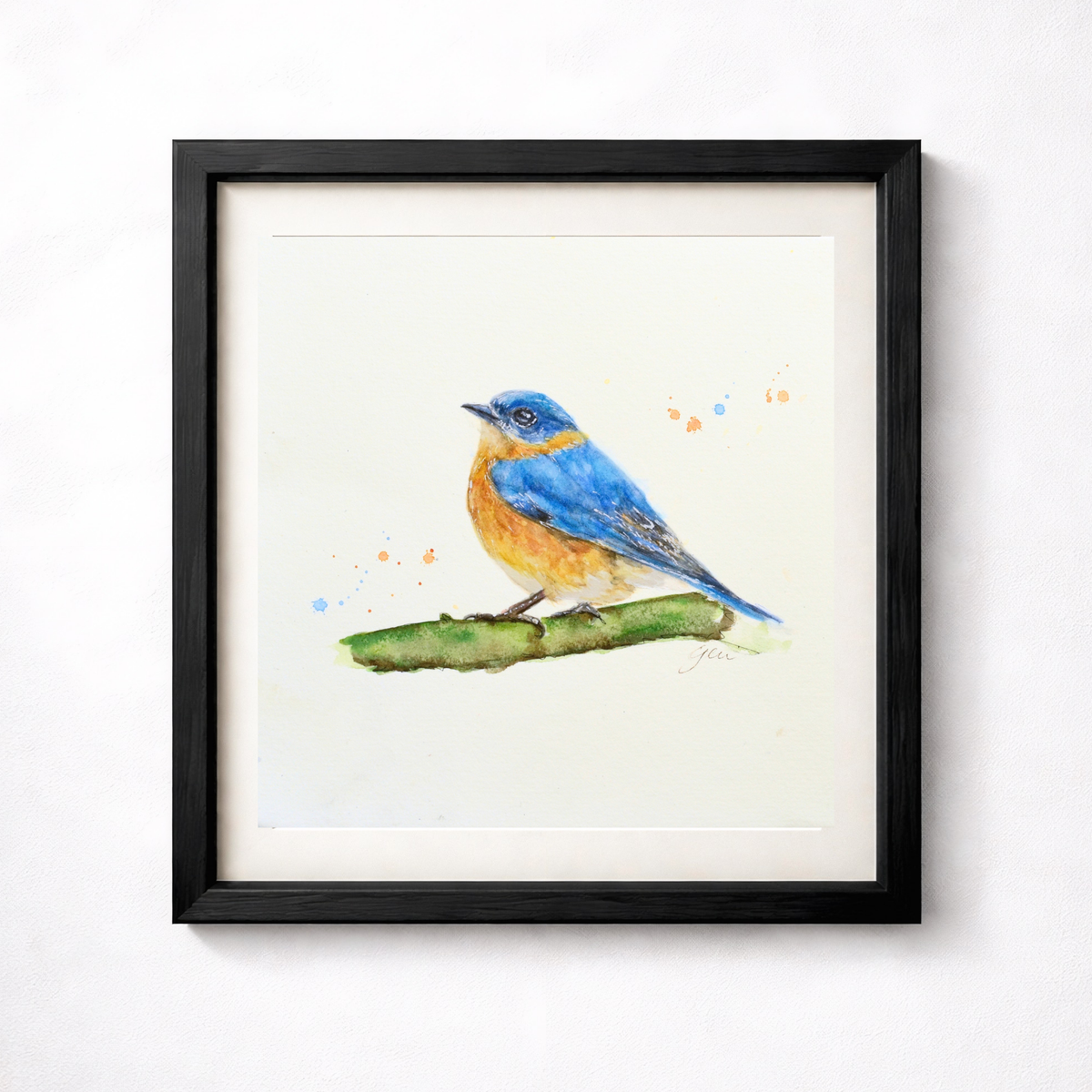 Framed watercolor art print of a bluebird perched on a branch, shown against a white wall. The artwork features a bluebird with bright blue and orange feathers on a green branch, set within a white mat and a black frame.