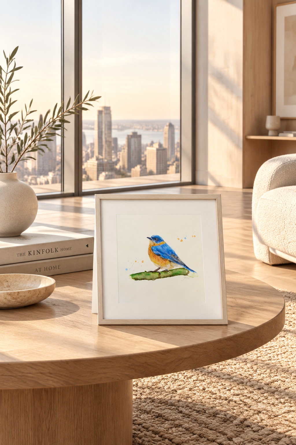 Framed watercolor art print of a bluebird perched on a branch, shown against a Living room  The artwork features a bluebird with bright blue and orange feathers on a green branch, set on white mat and wooden frame 