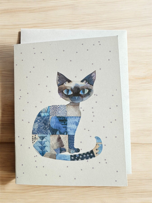 Blue Cat Patchwork Blank Note Card