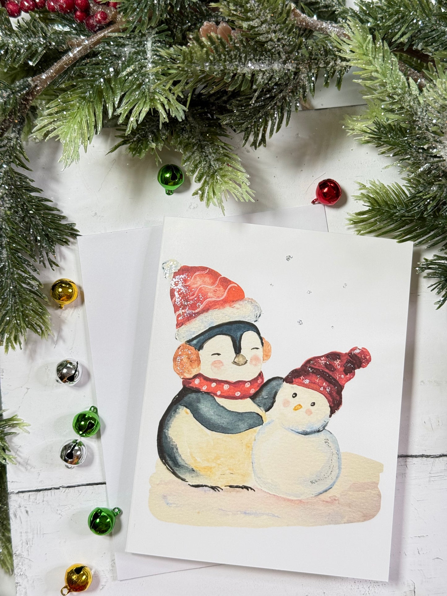 Watercolor Penguin & Snowman Christmas Card -Watercolor -Painted Holiday Greeting