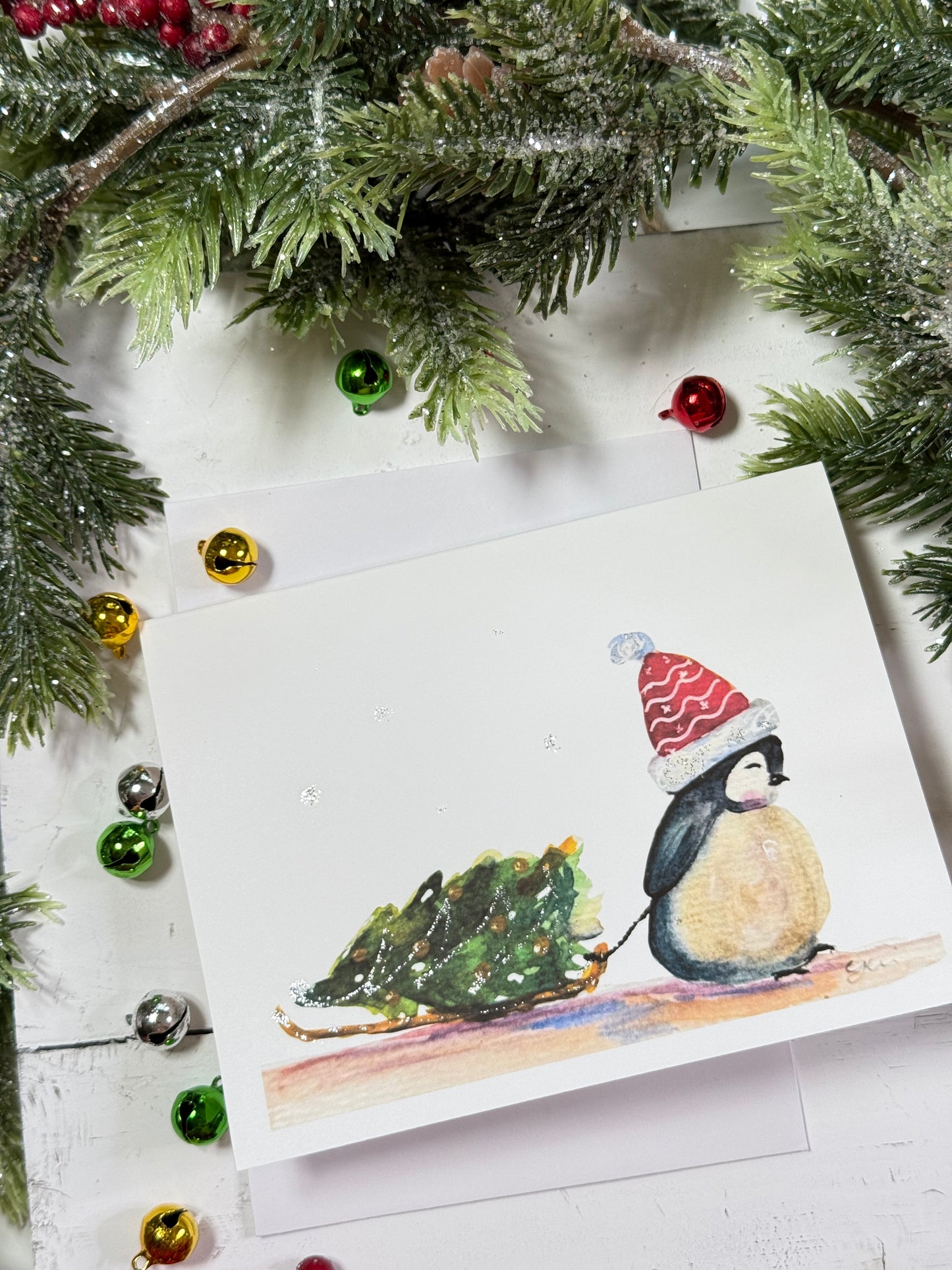 Penguin Christmas Story Collection – Watercolor Holiday Notecards with Key Mushroom House Key Chain.