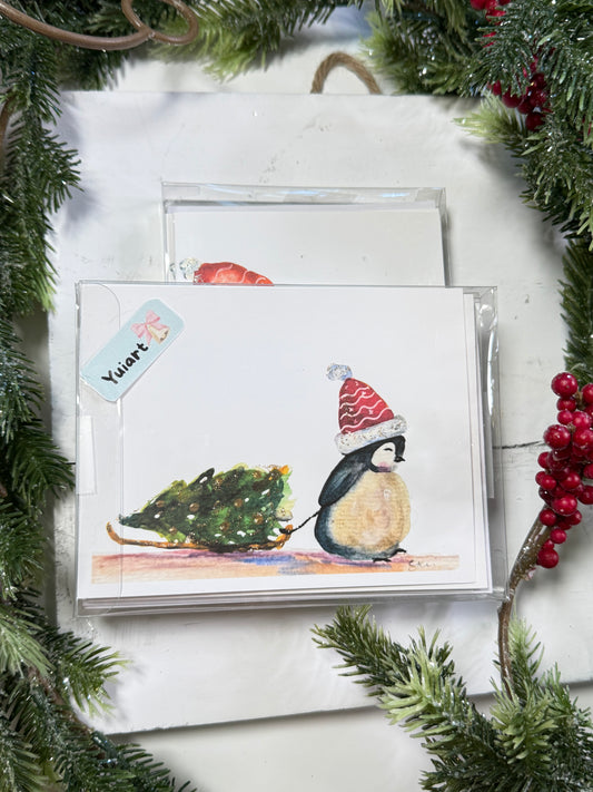 Penguin Christmas Story Collection – Watercolor Holiday Notecards with Key Mushroom House Key Chain.