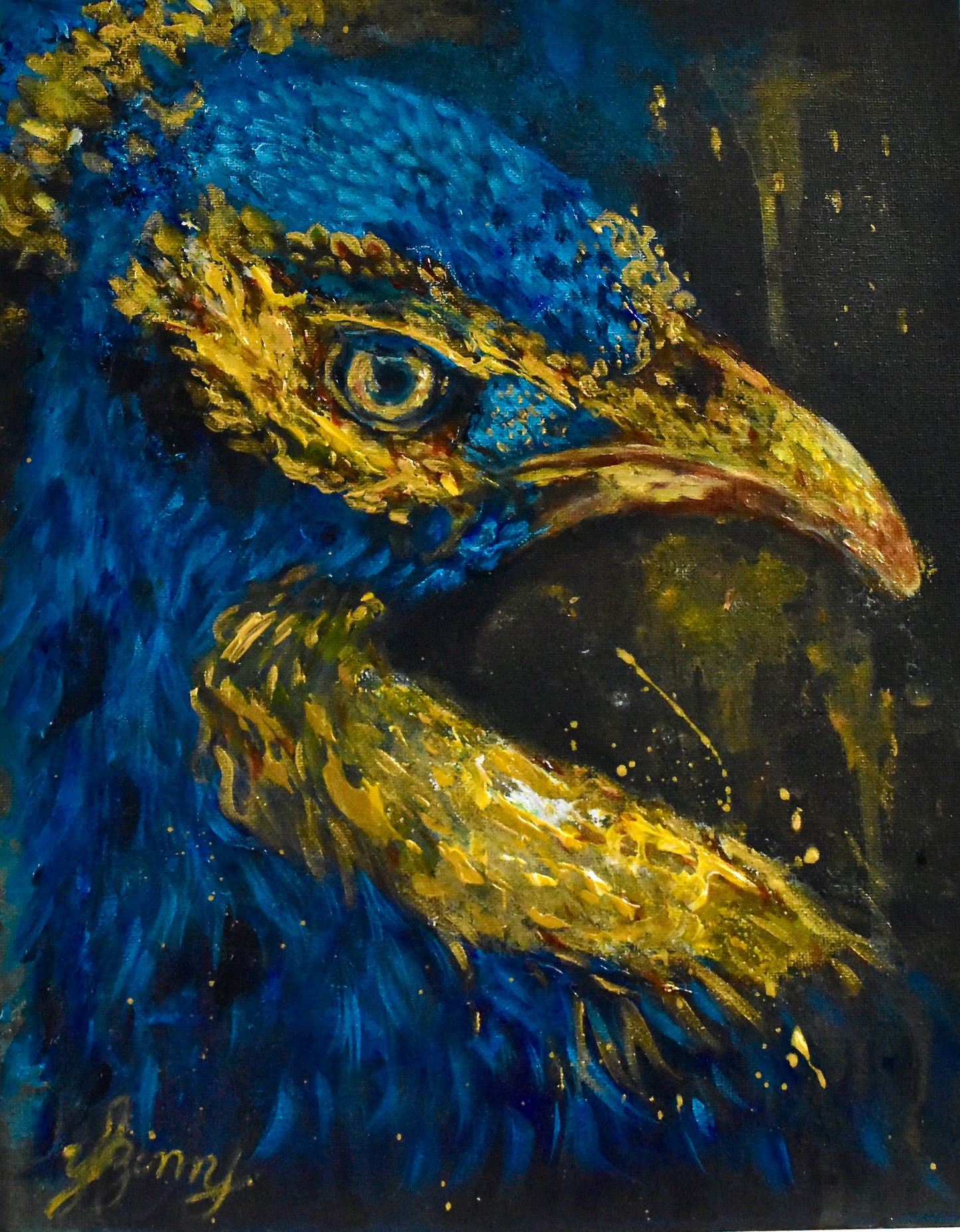 Golden - Blue Peacock By night ( Eagle) on Blue on Black