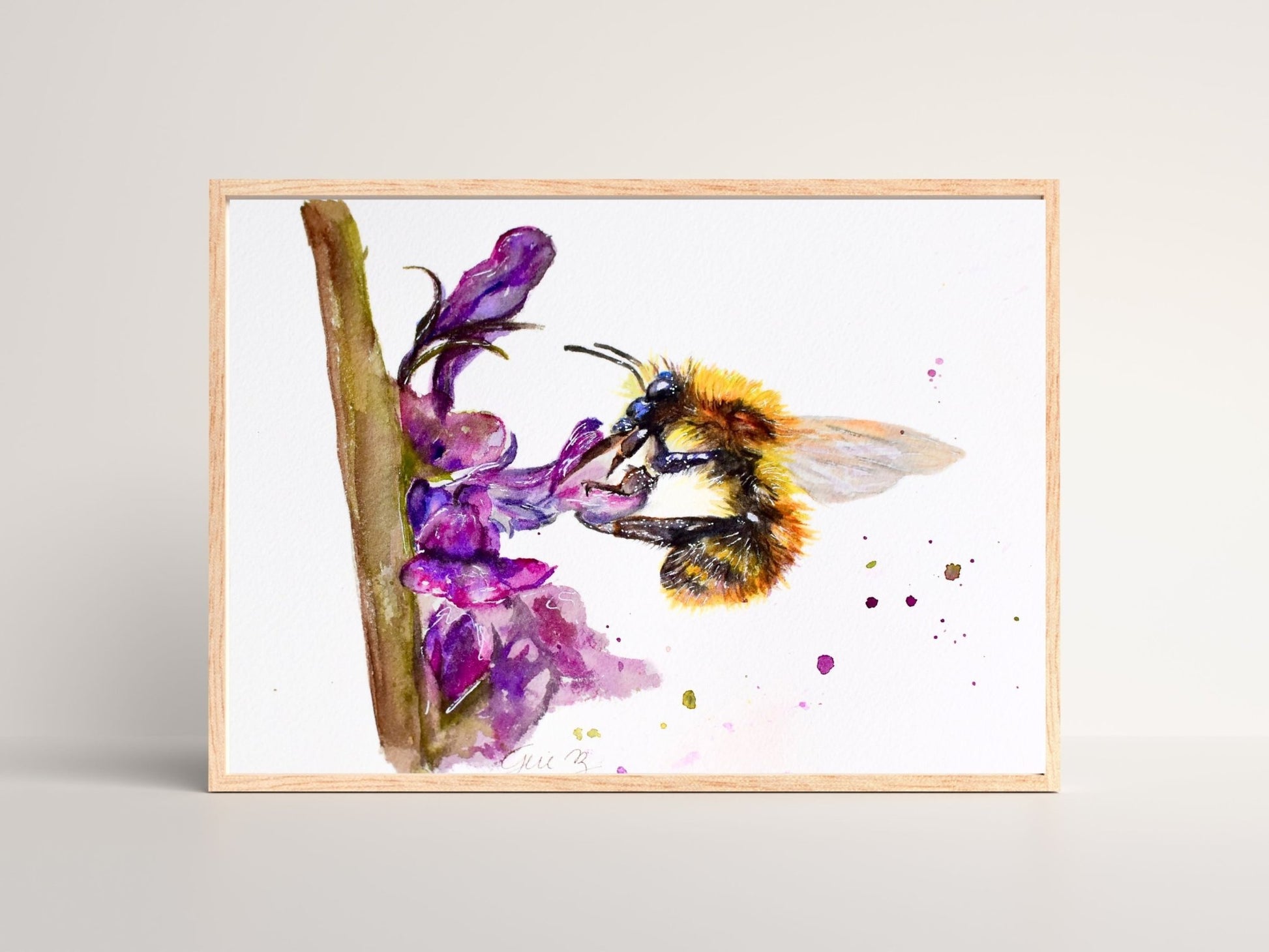 Bee and Purple Flowers Original watercolor ART - Yuiart