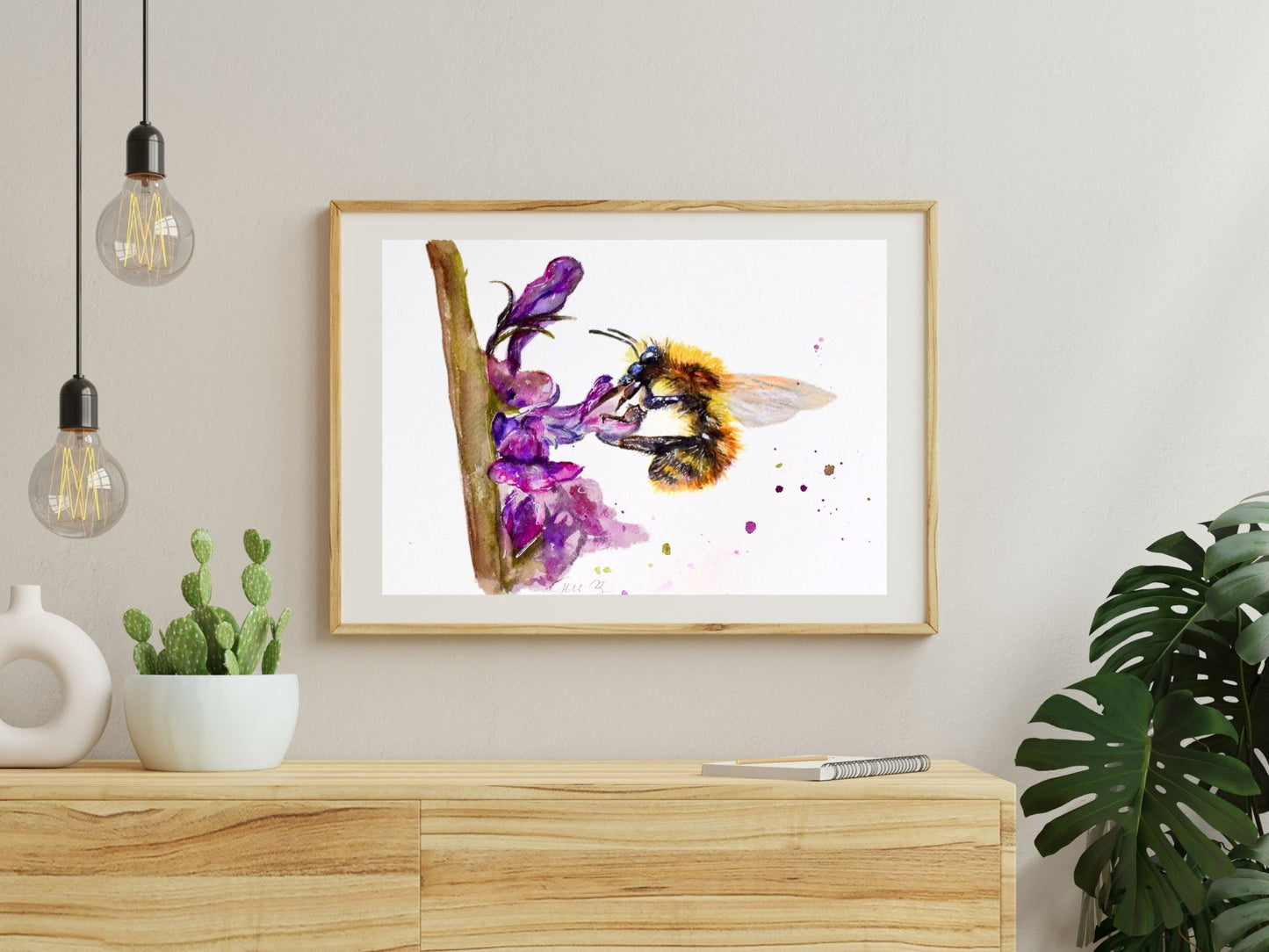 Bee and Purple Flowers Original watercolor ART - Yuiart