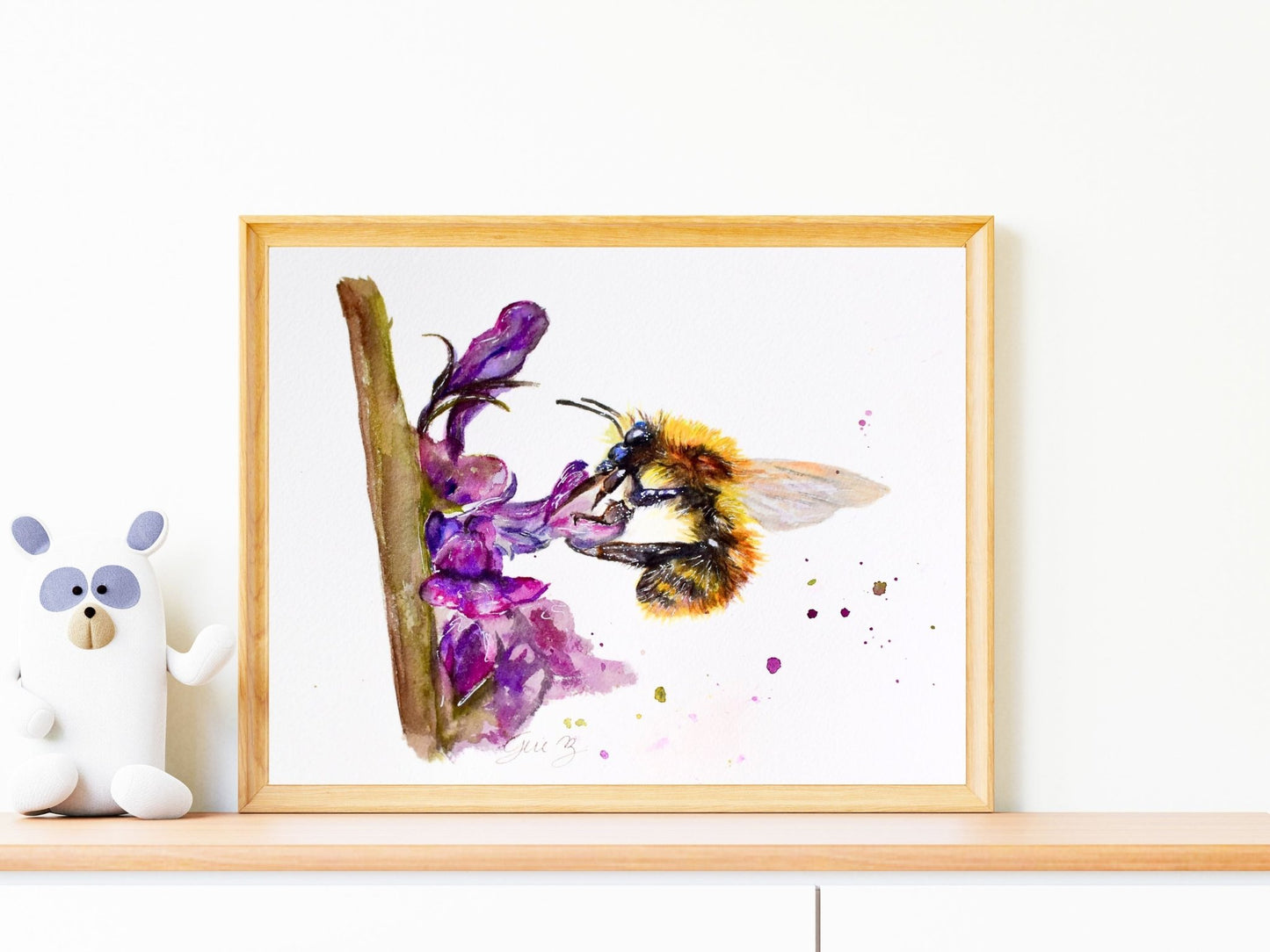 Bee and Purple Flowers Original watercolor ART - Yuiart