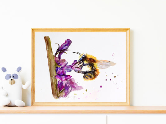 Bee and Purple Flowers Original watercolor ART - Yuiart