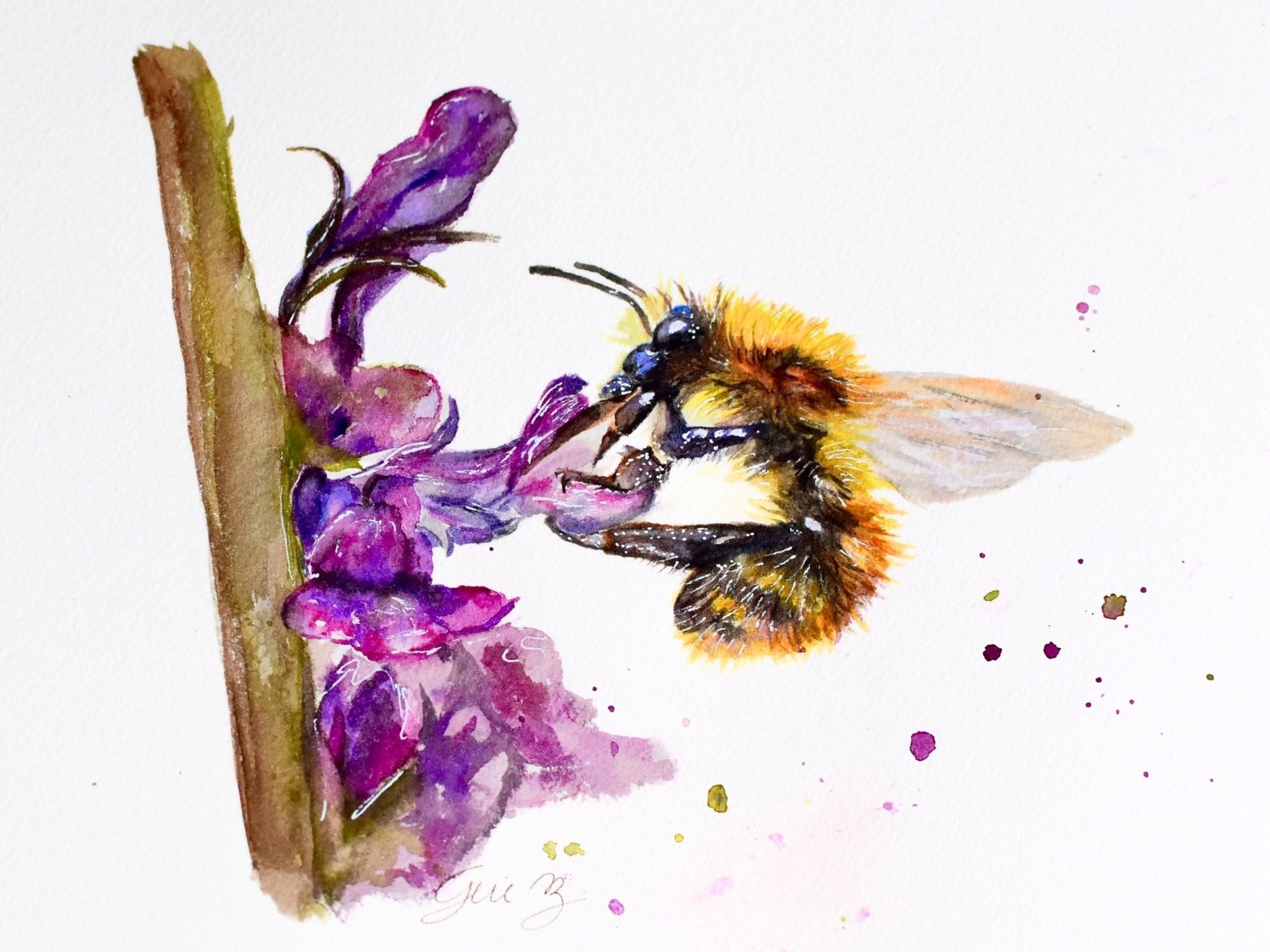 Bee and Purple Flowers Original watercolor ART - Yuiart