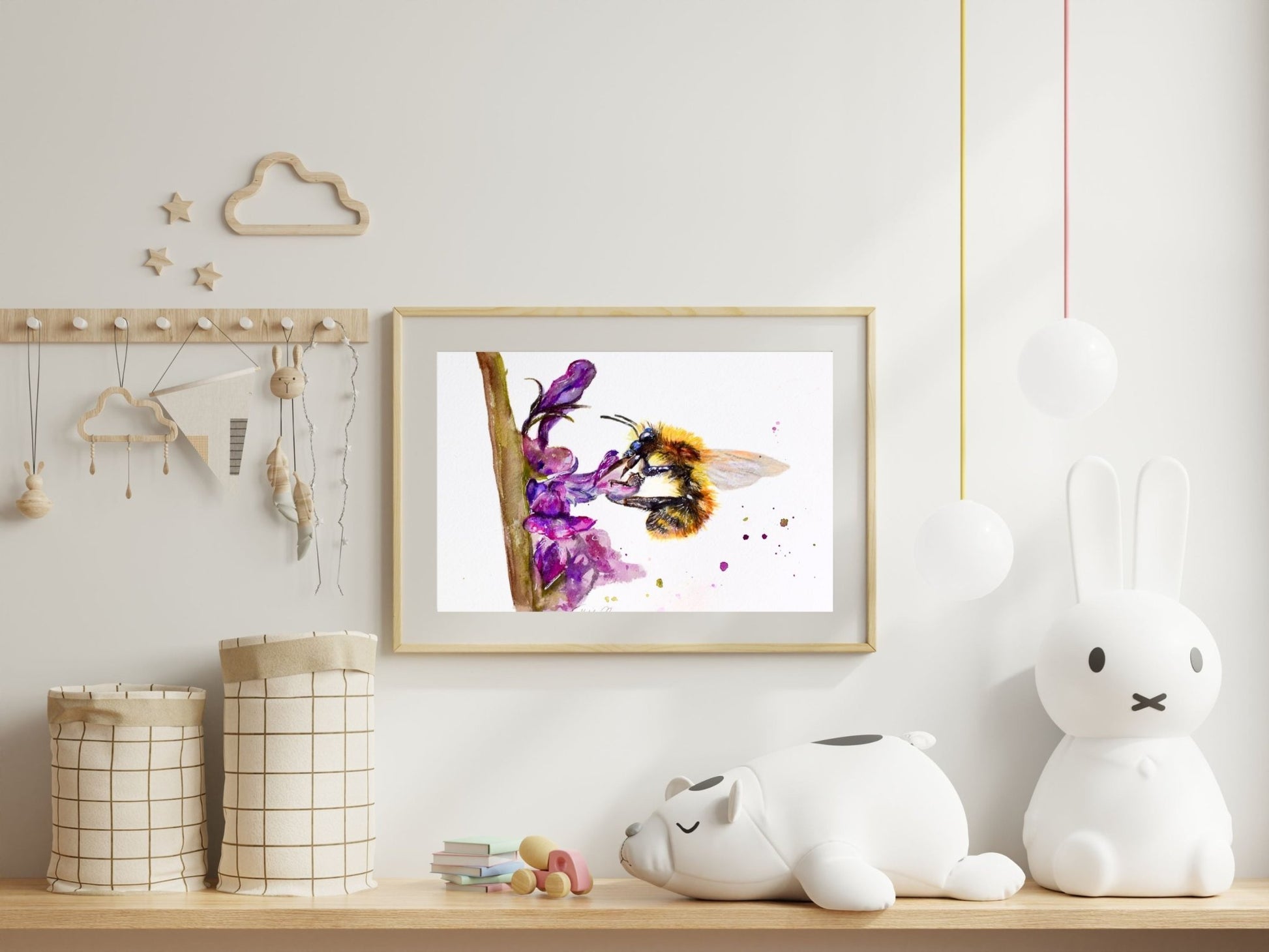 Bee and Purple Flowers Original watercolor ART - Yuiart