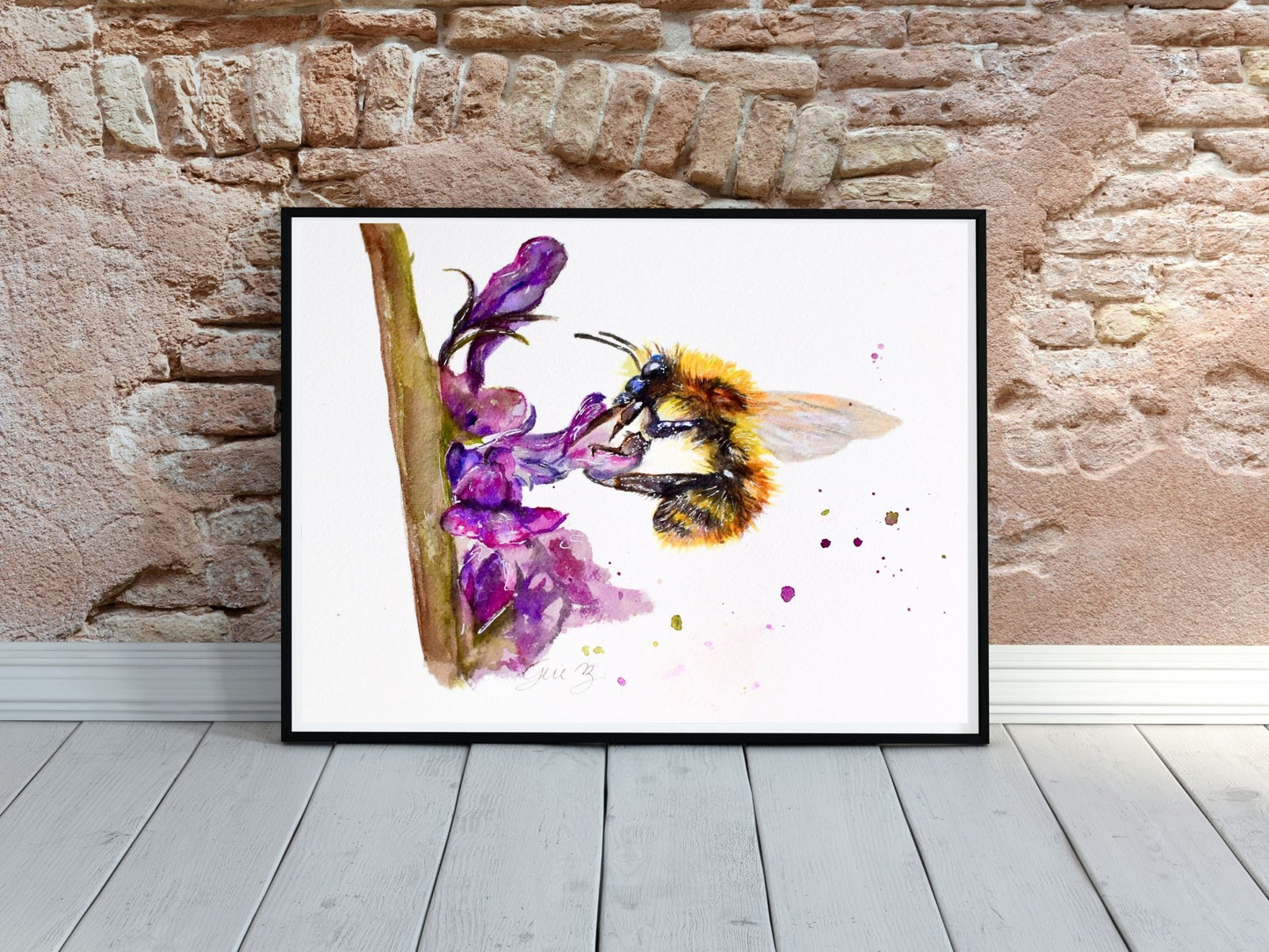 Bee and Purple Flowers Original watercolor ART - Yuiart