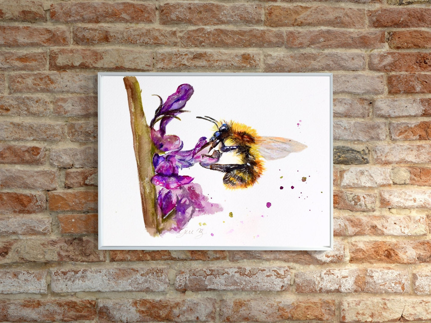 Bee and Purple Flowers Original watercolor ART - Yuiart