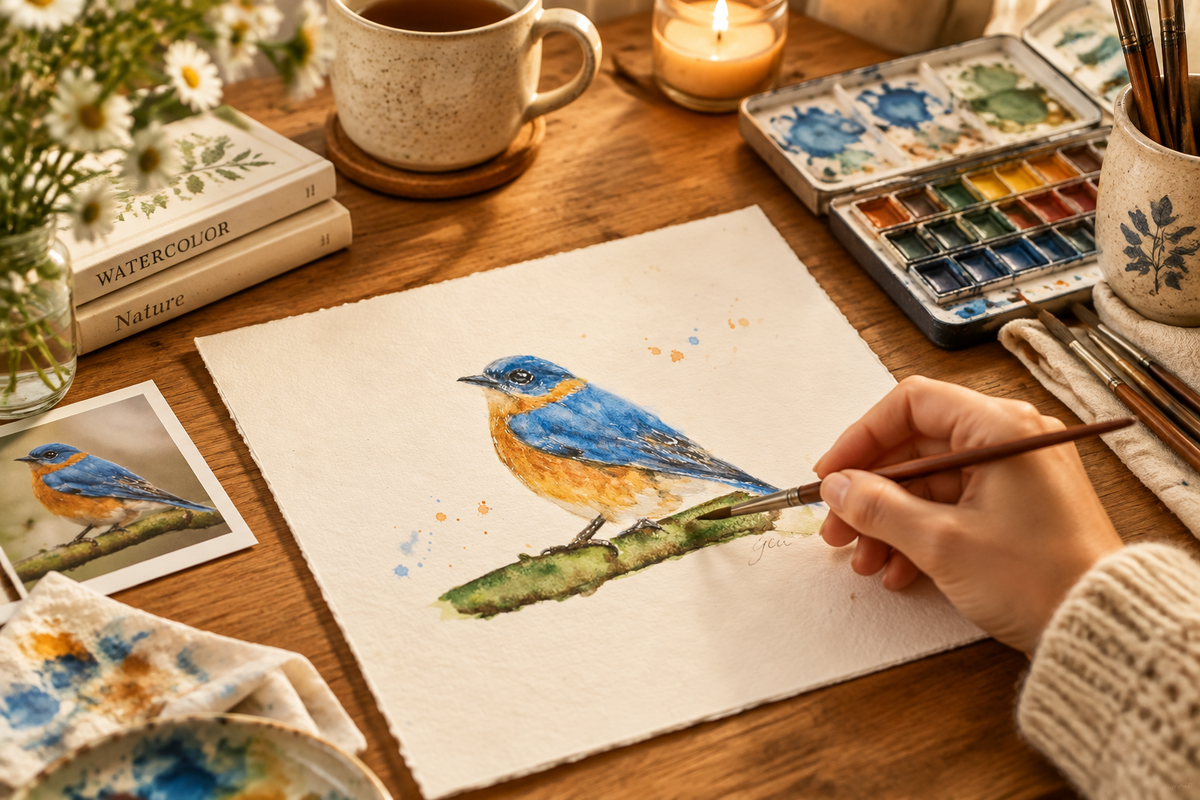 Blue Bird Watercolor Art Print | Yui Art - Yuiart