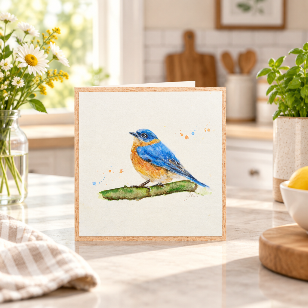 A framed watercolor painting of a bluebird perched on a green branch, displayed on a white pedestal against a kitchen background