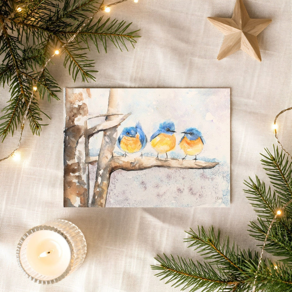 Bluebirds in Snow Watercolor Holiday Card - Yuiart