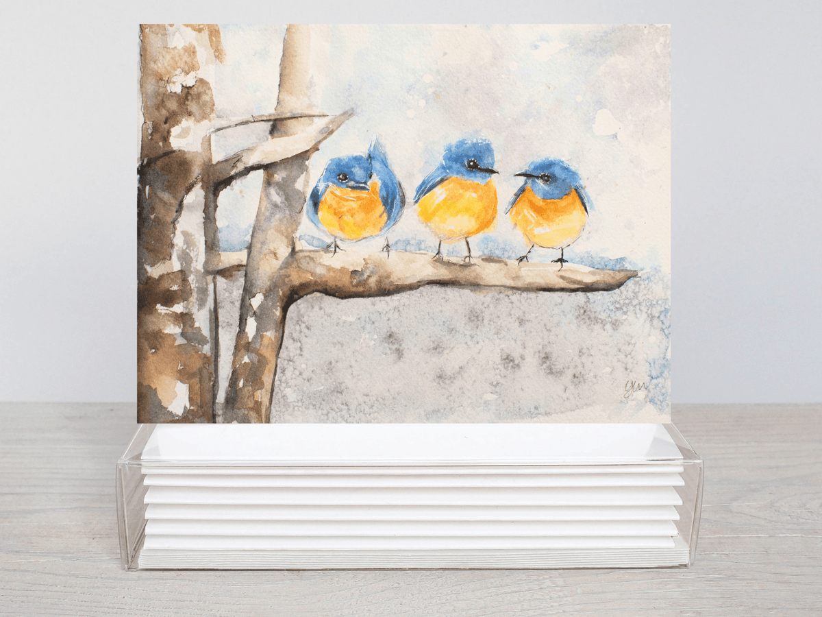 Bluebirds in Snow Watercolor Holiday Card - Yuiart