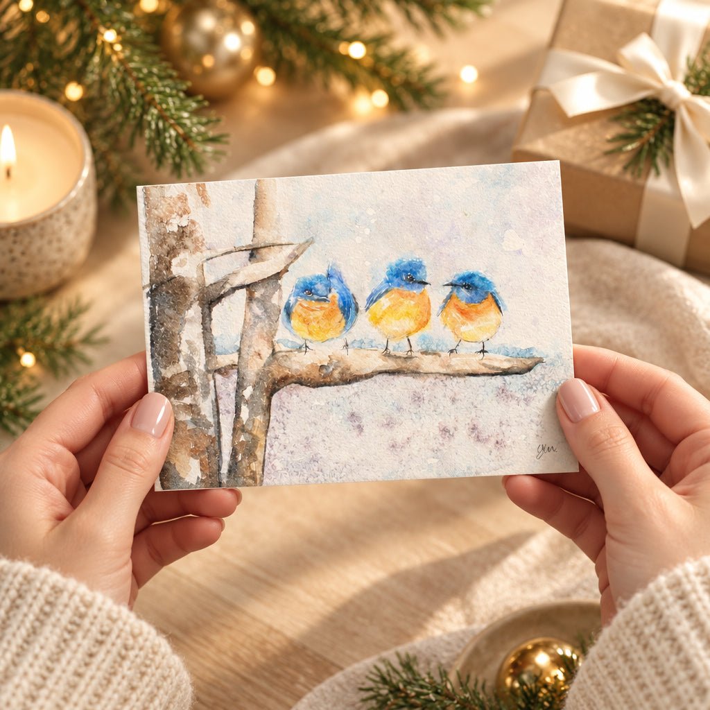 Bluebirds in Snow Watercolor Holiday Card - Yuiart