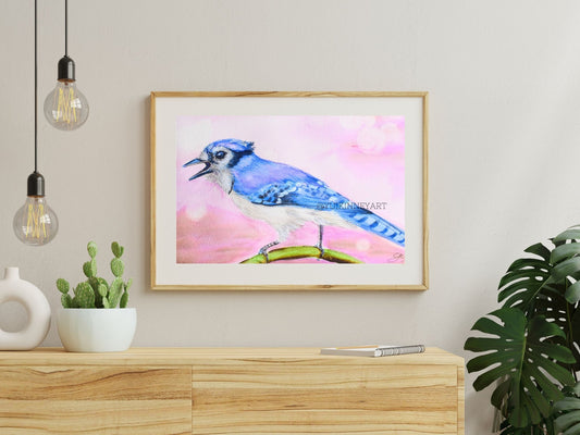 Bluejay Dreamy Magenta Watercolor Original ART - Yuiart