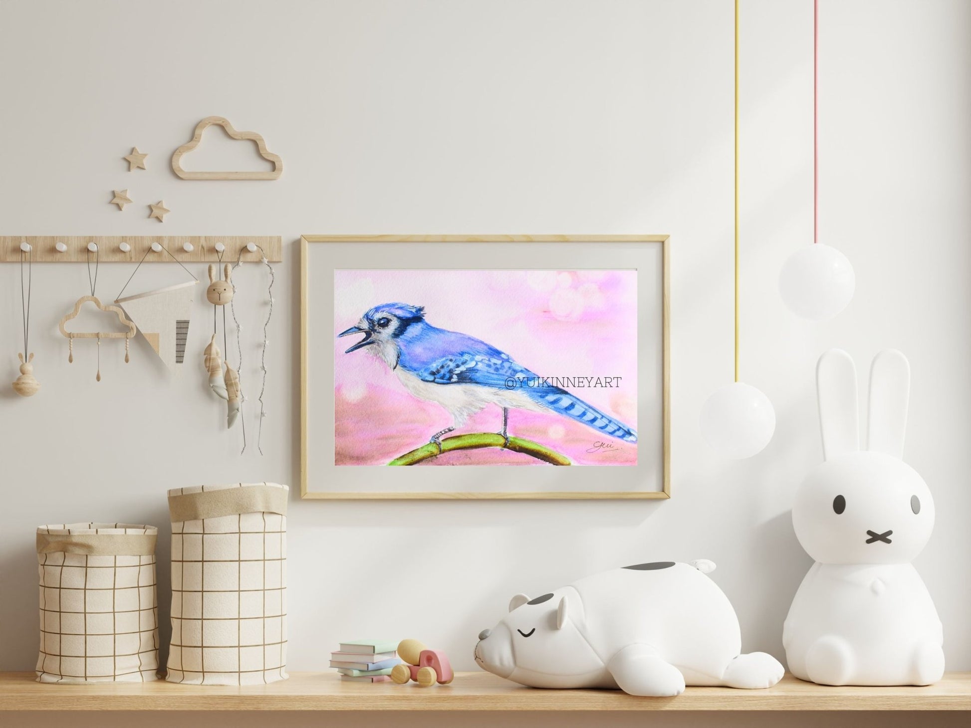 Bluejay Dreamy Magenta Watercolor Original ART - Yuiart
