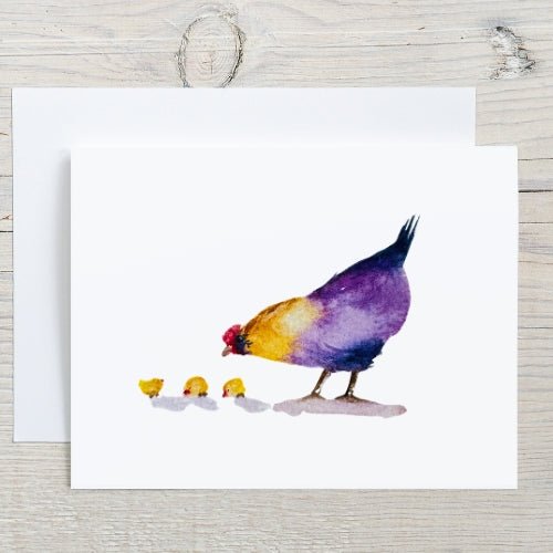 Colorful Chicken Barn animal and 3 Chicks Note Card - Yuiart