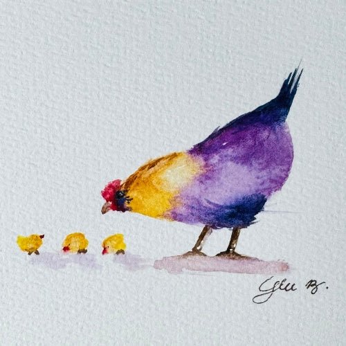 Colorful Chicken Barn animal and 3 Chicks Note Card - Yuiart