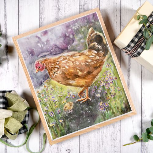 Farmhouse Chicken Wall Art – Hen and Baby Chicks Watercolor - Yuiart