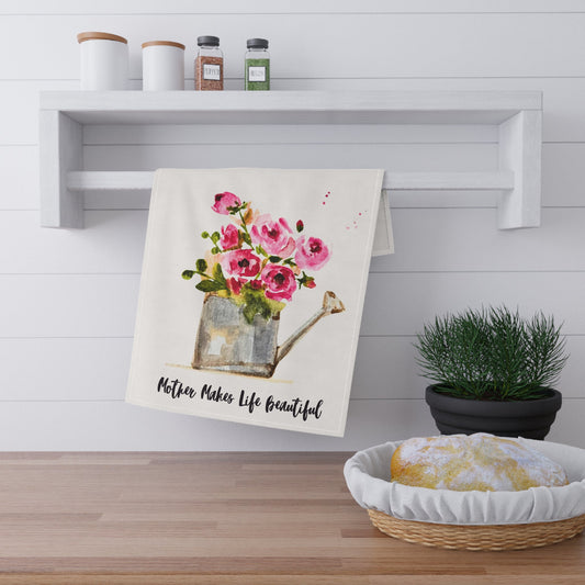 Floral Garden Tea Towels - 'Mother Makes Life Beautiful' Design - Cotton & Poly Blend - Yuiart