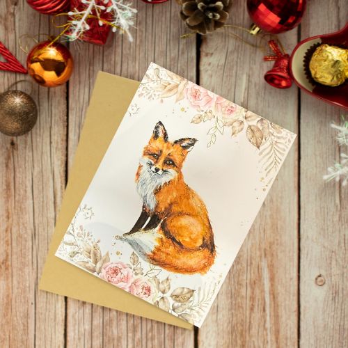 Fox Holiday Greeting Card - Watercolor Christmas Card with Envelope Description: - Yuiart